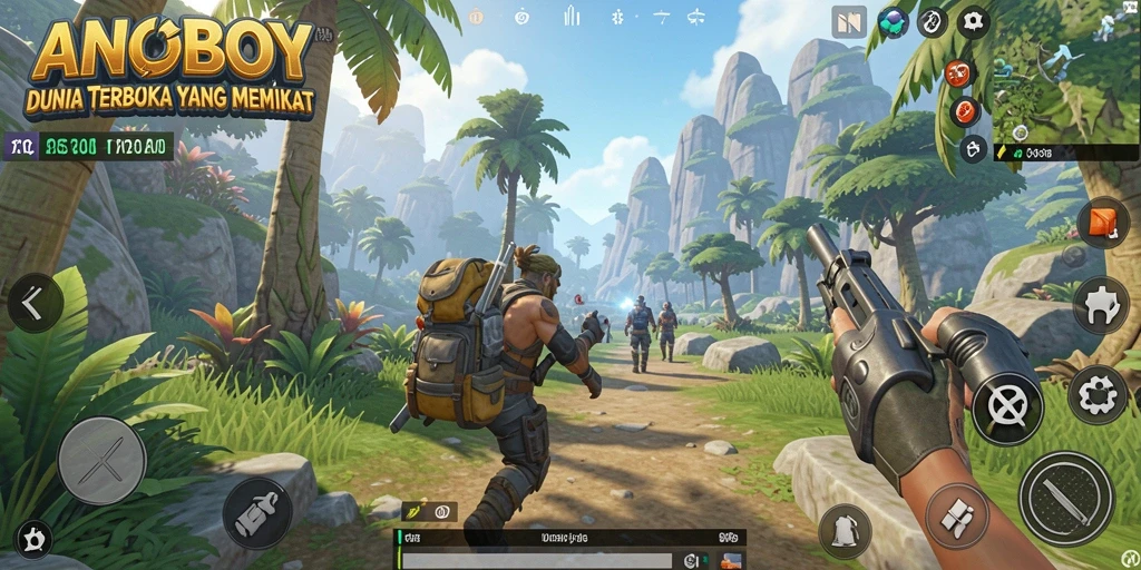 Tampilan gameplay Open World ANOBOY yang luas dan interaktif.