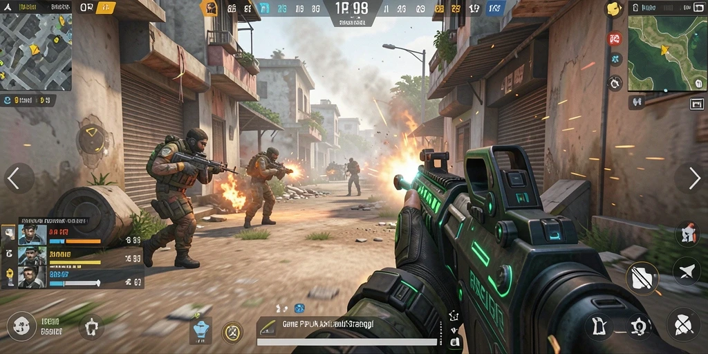 Screenshot aksi mendebarkan dalam RACIK198 yang menunjukkan gameplay FPS.