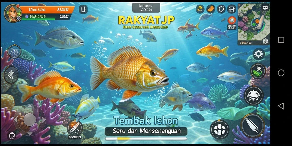 Tampilan gameplay RAKYATJP dengan aksi menembak ikan yang seru.